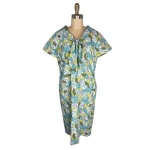Vintage 60s Bernard Freres ParisLondon Floral Shift Dress Bow Neck Blue Green XL